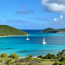 Caribbean Holidays, BVI Tours April, A bright April morning overlooking turquoise water, green volcanic islands and white sailing boats in the British Virgin Islands