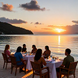 Caribbean Holidays, BVI Tours April, A sunset dinner at a relaxed beach restaurant overlooking a calm bay in the British Virgin Islands