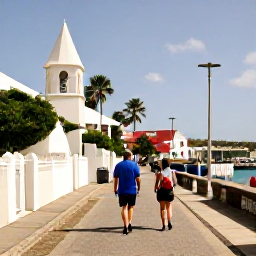 Caribbean Holidays, BVI Tours April, Visitors walking through the historic streets and waterfront of Road Town on Tortola, British Virgin Islands, in warm April sunshine