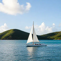 Caribbean Holidays, BVI Tours May, A bright Caribbean morning in the British Virgin Islands, with a traditional sailboat gliding past green islands and calm turquoise water