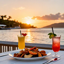Caribbean Holidays, BVI Tours May, A relaxed evening at a waterfront restaurant in the British Virgin Islands, with fresh seafood, tropical drinks and a sunset over the harbour