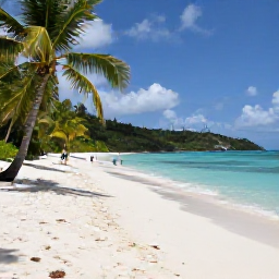 Caribbean Holidays, BVI Tours May, Visitors exploring a peaceful British Virgin Islands beach with powdery white sand, palm trees and clear shallow sea in warm May sunshine