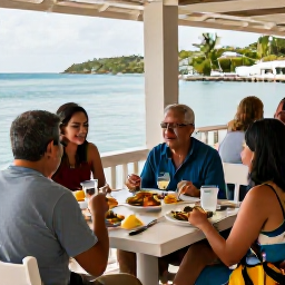 Caribbean Holidays, BVI Tours October, Friendly visitors enjoying a relaxed Caribbean lunch at a waterfront restaurant in the British Virgin Islands
