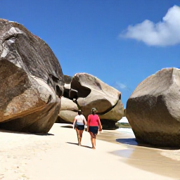 Caribbean Holidays, BVI Tours October, Visitors exploring The Baths on Virgin Gorda, walking between huge granite boulders beside a sandy beach