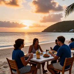 Caribbean Holidays, BVI Walking Holidays, A friendly outdoor restaurant beside the beach in the British Virgin Islands at sunset, with walkers enjoying Caribbean food and a relaxed atmosphere