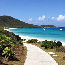 Caribbean Holidays, BVI Walking Holidays, A peaceful coastal path beside a secluded beach on Jost Van Dyke in the British Virgin Islands, with hills and sailing boats offshore