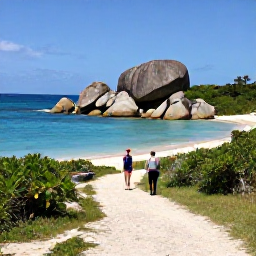 Caribbean Holidays, BVI Walking Holidays, A peaceful coastal path on Virgin Gorda with walkers approaching The Baths, giant granite boulders, clear water and a sandy beach