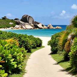 Caribbean Holidays, BVI Walking Holidays, A peaceful footpath leading towards a secluded beach on Virgin Gorda, with granite boulders, turquoise water and bright March sunshine