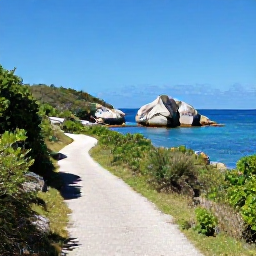 Caribbean Holidays, BVI Walking Holidays, A peaceful walking path beside the sea on Virgin Gorda, leading towards The Baths with granite boulders and clear blue water