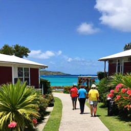 Caribbean Holidays, BVI Walking Holidays, A relaxed Caribbean walking holiday scene in the British Virgin Islands, with comfortable accommodation, tropical gardens and walkers enjoying a sea view