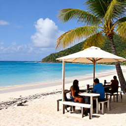 Caribbean Holidays, BVI Walking Holidays, A relaxed walker resting at a Caribbean beach caf&eacute; after a morning hike in the British Virgin Islands, with turquoise water and palm trees