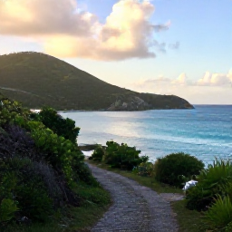 Caribbean Holidays, BVI Walking Holidays, A scenic coastal trail on Tortola in the British Virgin Islands, with turquoise sea, green hills and a warm Caribbean sky