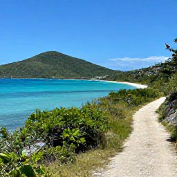 Caribbean Holidays, BVI Walking Holidays, A scenic coastal walking trail on Tortola in the British Virgin Islands during March, with turquoise sea, green hills and a clear blue sky