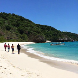 Caribbean Holidays, BVI Walking Holidays, A small island-hopping boat near green Caribbean islands in the British Virgin Islands, with walkers arriving at a quiet beach in May sunshine