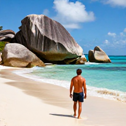 Caribbean Holidays, BVI Walking Holidays, A walker exploring the dramatic Baths on Virgin Gorda, with huge granite boulders, sandy beach and clear Caribbean water