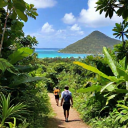 Caribbean Holidays, BVI Walking Holidays, Hikers following a tropical trail through Sage Mountain National Park on Tortola, surrounded by lush vegetation and island views