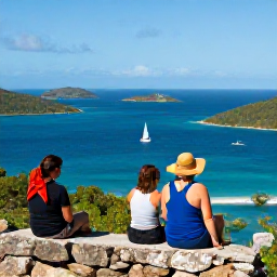 Caribbean Holidays, BVI Walking Holidays, Travellers resting at a Caribbean viewpoint after a walk in the British Virgin Islands, with sailing boats on blue water and green islands in the distance