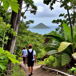 Caribbean Holidays, BVI Walking Holidays, Walkers on a shaded forest trail in Sage Mountain National Park on Tortola, surrounded by tropical vegetation and distant island views