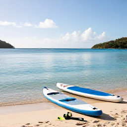 Caribbean Holidays, BVI Water Sports, A bright February morning at a calm turquoise beach in the British Virgin Islands, with a paddleboard and snorkelling gear on the sand