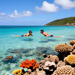 Caribbean Holidays, BVI Water Sports, A couple snorkelling over colourful coral and tropical fish in clear shallow water beside a British Virgin Islands beach