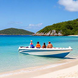 Caribbean Holidays, BVI Water Sports, A family enjoying a safe guided boat and water-sports excursion beside a sunny beach in the British Virgin Islands