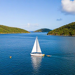 Caribbean Holidays, BVI Water Sports, A small sailing boat and kayaks moving across calm blue water between green islands in the British Virgin Islands