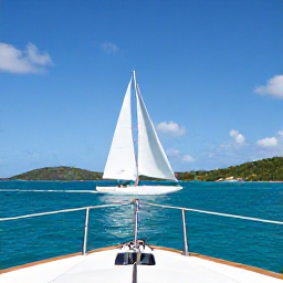 Caribbean Holidays, BVI Water Sports, A white sailing boat cruising between green British Virgin Islands under a bright blue sky, viewed from the deck of another boat