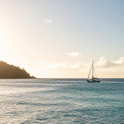 Caribbean Holidays, BVI Water Sports, Bright January morning at Smuggler's Cove on Tortola, British Virgin Islands, with calm turquoise water, a small sailing boat and golden sunshine