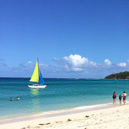 Caribbean Holidays, BVI Water Sports, Clear turquoise water around a sunny British Virgin Islands beach, with a small sailboat and snorkellers near the shore