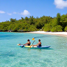 Caribbean Holidays, BVI Water Sports, Couple paddling a clear kayak through a quiet turquoise bay beside mangroves in the British Virgin Islands