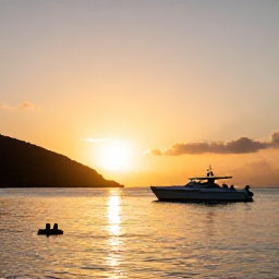 Caribbean Holidays, BVI Water Sports, Golden sunset over a calm British Virgin Islands bay, with a boat at anchor and people enjoying the water near the shore