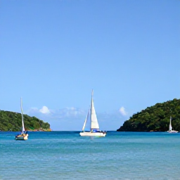Caribbean Holidays, BVI Water Sports, Sailboat passing between green British Virgin Islands beneath a clear blue sky in January, viewed from a calm Caribbean bay
