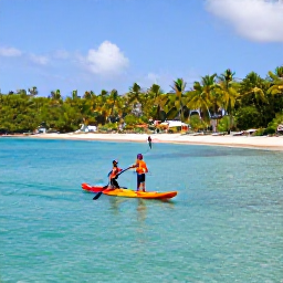 Caribbean Holidays, BVI Water Sports, Visitors kayaking and stand-up paddleboarding across a calm turquoise bay in the British Virgin Islands, with palm-fringed beaches in the background
