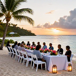 Caribbean Holidays, BVI Wedding Holidays, British Virgin Islands wedding reception on a beach at sunset with long table, tropical flowers, lanterns and guests dining by the sea