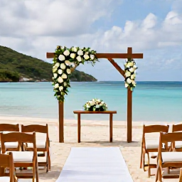 Caribbean Holidays, BVI Wedding Holidays, Elegant beachfront wedding ceremony in the British Virgin Islands with simple white flowers, wooden chairs and calm blue water