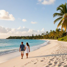Caribbean Holidays, BVI Wedding Holidays, Newly married couple walking along a quiet white-sand beach in the British Virgin Islands at golden hour, turquoise sea and palm trees