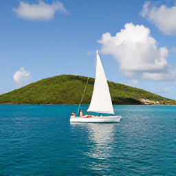 Caribbean Holidays, BVI Wedding Holidays, Newlywed couple sailing between the green islands of the British Virgin Islands in bright sunshine, viewed from a small boat