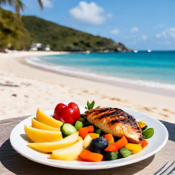 Caribbean Holidays, BVI Wellness August, Healthy Caribbean lunch with fresh fruit, grilled fish and colourful vegetables served beside a tropical beach in the British Virgin Islands