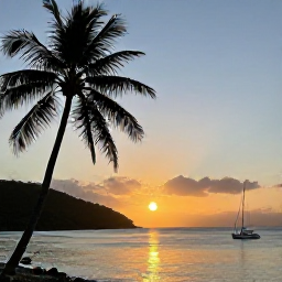 Caribbean Holidays, BVI Wellness August, Peaceful sunset over a quiet British Virgin Islands bay with palm trees and a small sailboat