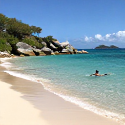 Caribbean Holidays, BVI Wellness August, Person swimming in clear shallow water beside a quiet sandy beach and rocky coastline on Virgin Gorda, British Virgin Islands