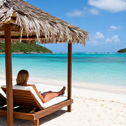 Caribbean Holidays, BVI Wellness August, Woman relaxing in a shaded beach cabana beside calm turquoise water on a British Virgin Islands beach in August