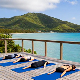 Caribbean Holidays, BVI Wellness August, Yoga session on a wooden deck overlooking a calm Caribbean bay and green hills in the British Virgin Islands