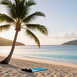 Caribbean Holidays, BVI Wellness Breaks, A peaceful beach in the British Virgin Islands at sunrise, with calm turquoise water, soft sand and a yoga mat beneath a palm tree