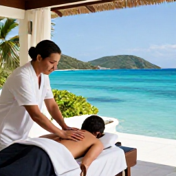 Caribbean Holidays, BVI Wellness Breaks, A person receiving a relaxing massage in an open-air spa overlooking the turquoise sea and green hills of the British Virgin Islands