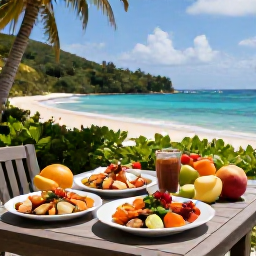 Caribbean Holidays, BVI Wellness Breaks, A relaxed outdoor table serving fresh Caribbean seafood, colourful fruit and healthy vegetables beside a peaceful island view
