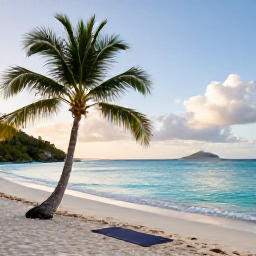 Caribbean Holidays, BVI Wellness July, A calm Caribbean beach in the British Virgin Islands at sunrise, with a yoga mat beneath a palm tree and gentle turquoise water