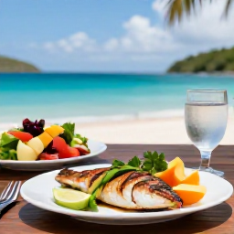 Caribbean Holidays, BVI Wellness July, A healthy Caribbean lunch with fresh grilled fish, colourful salad, tropical fruit and a glass of water on a shaded terrace overlooking the sea