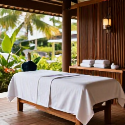Caribbean Holidays, BVI Wellness July, A peaceful spa treatment setting at a British Virgin Islands resort, with natural wood, white towels, tropical greenery and soft daylight