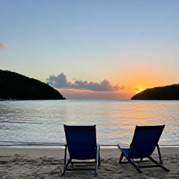 Caribbean Holidays, BVI Wellness July, A tranquil British Virgin Islands sunset viewed from a quiet beach, with two deckchairs, calm water and warm evening light