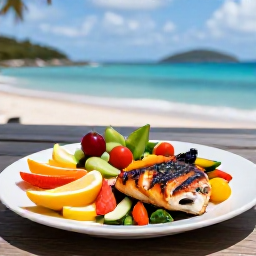 Caribbean Holidays, BVI Wellness November, Colourful healthy Caribbean meal served outdoors near the sea in the British Virgin Islands, fresh fruit, grilled fish and vegetables